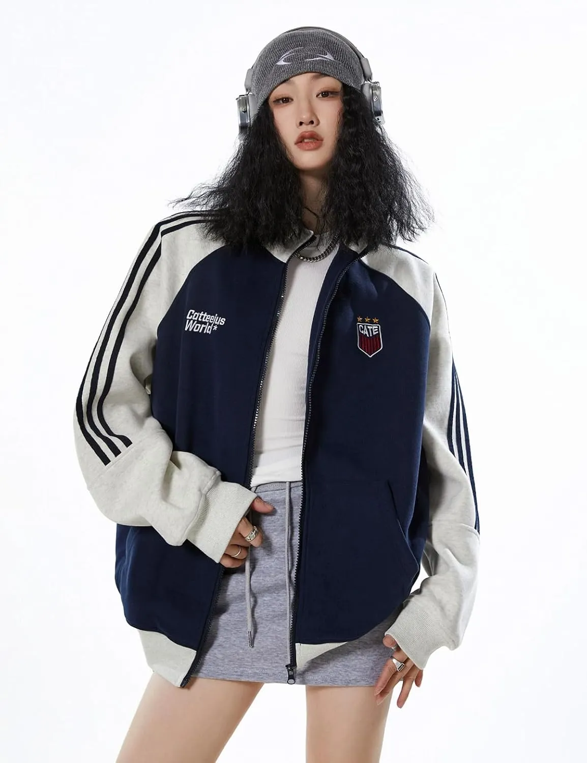 Men's Women's Oversized Zip Up Color Block Mock Neck Hoodies Sweatshirt Letter Graphic Varsity Jacket