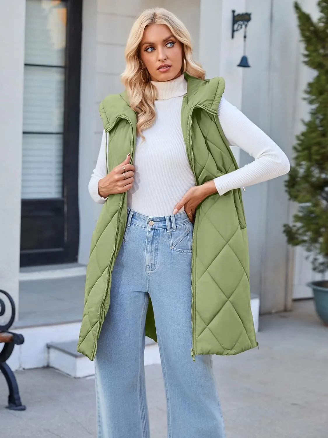 MEROKEETY Womens Sleeveless Quilted Long Puffer Vest Hooded Full Zip Jacket Coats with Pockets