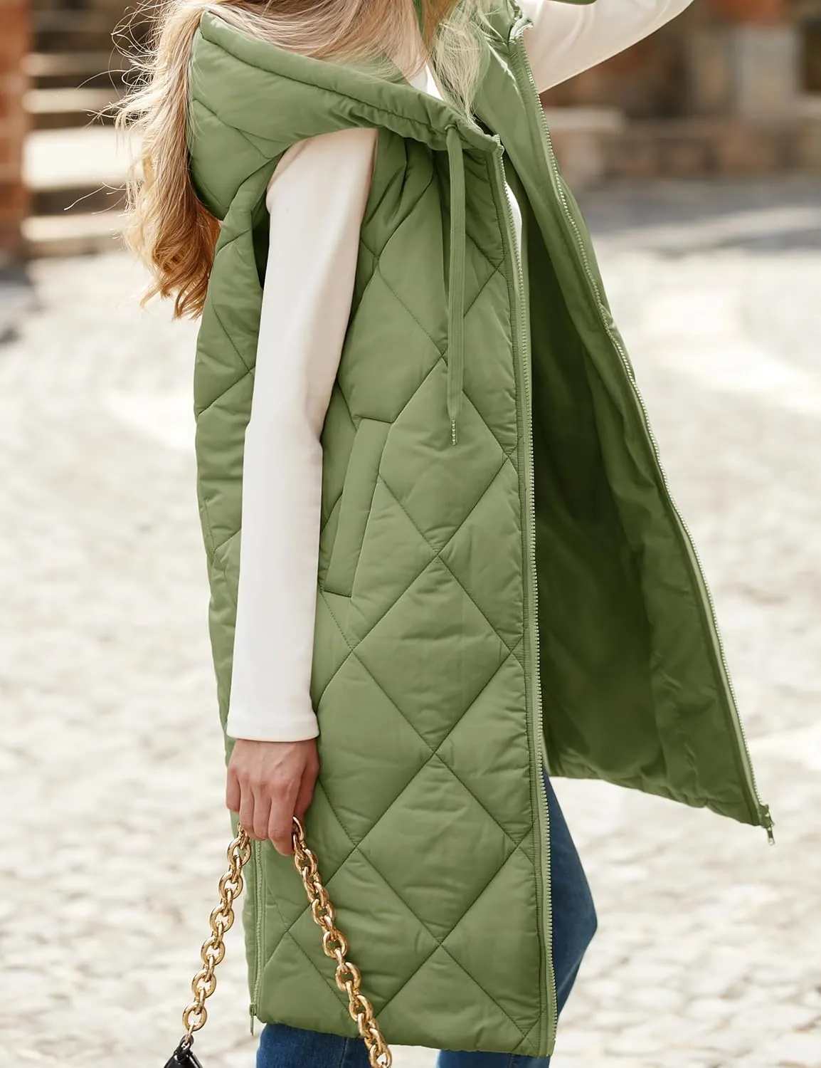MEROKEETY Womens Sleeveless Quilted Long Puffer Vest Hooded Full Zip Jacket Coats with Pockets