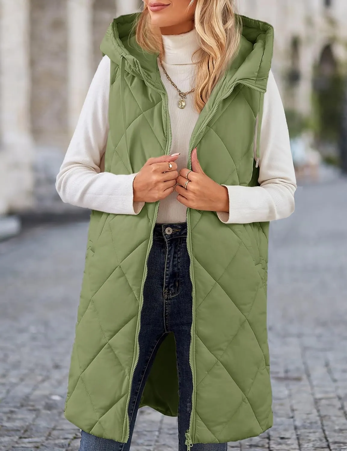MEROKEETY Womens Sleeveless Quilted Long Puffer Vest Hooded Full Zip Jacket Coats with Pockets