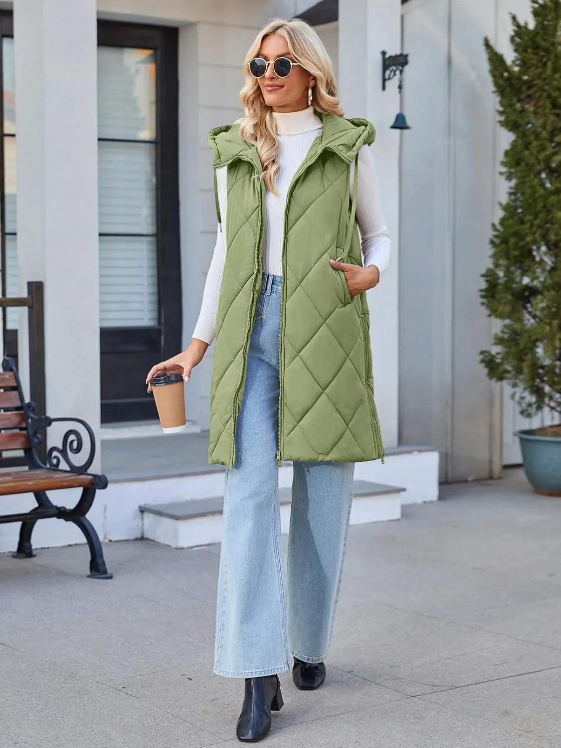 MEROKEETY Womens Sleeveless Quilted Long Puffer Vest Hooded Full Zip Jacket Coats with Pockets