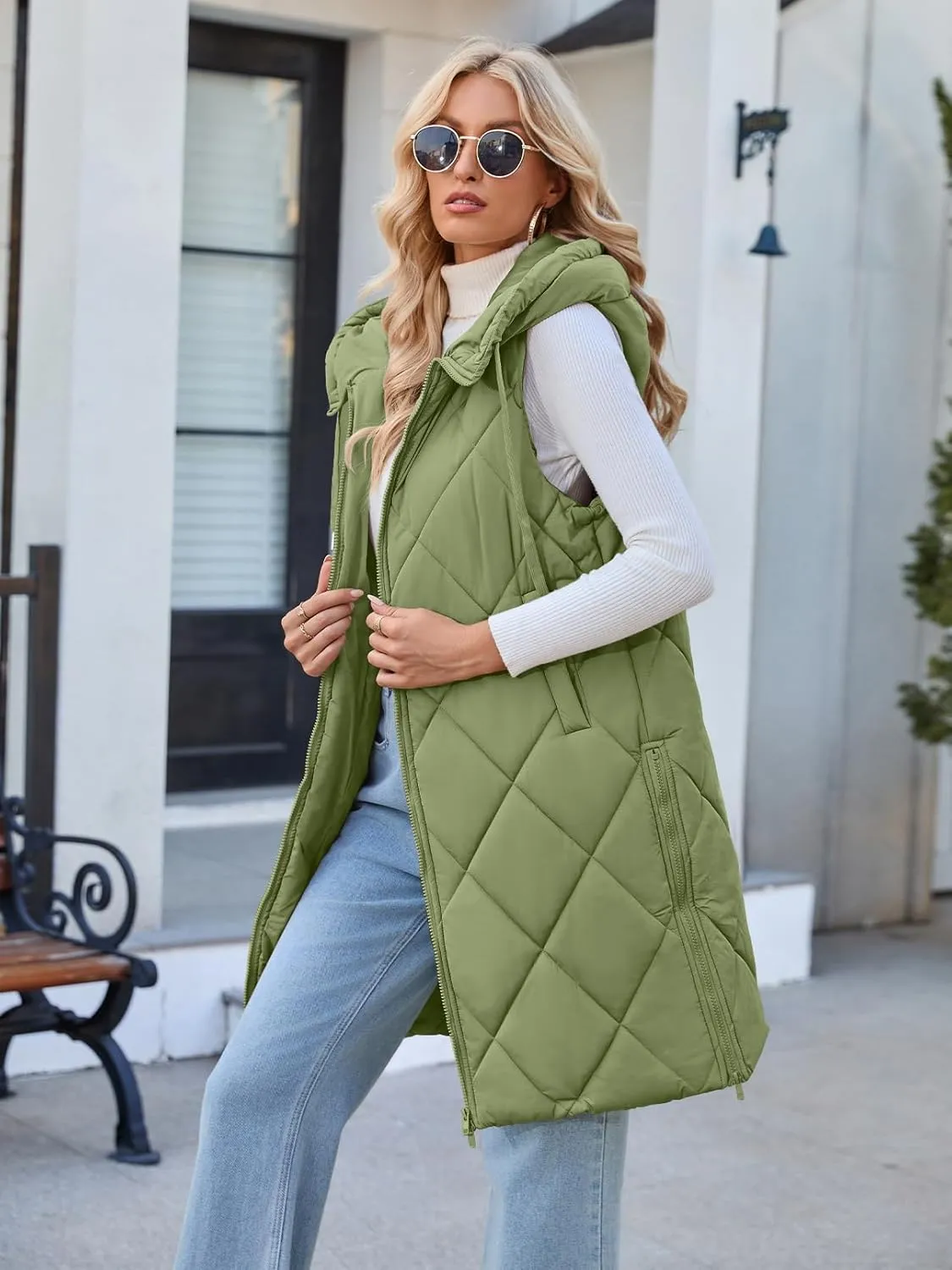 MEROKEETY Womens Sleeveless Quilted Long Puffer Vest Hooded Full Zip Jacket Coats with Pockets