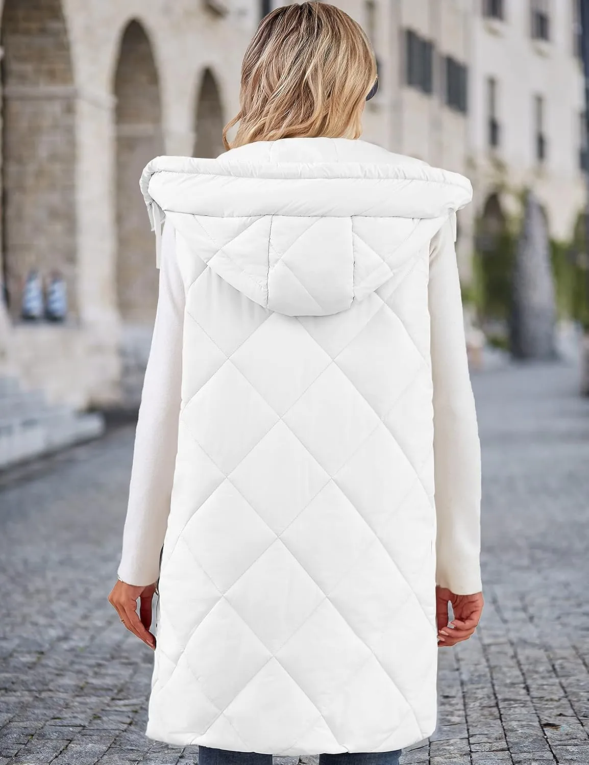 MEROKEETY Womens Sleeveless Quilted Long Puffer Vest Hooded Full Zip Jacket Coats with Pockets