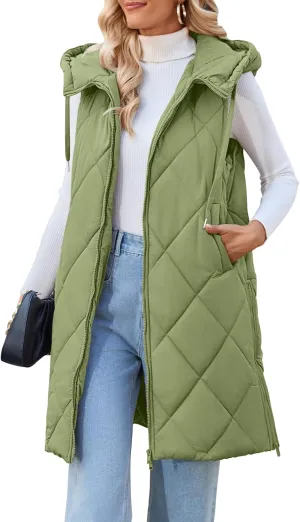 MEROKEETY Womens Sleeveless Quilted Long Puffer Vest Hooded Full Zip Jacket Coats with Pockets