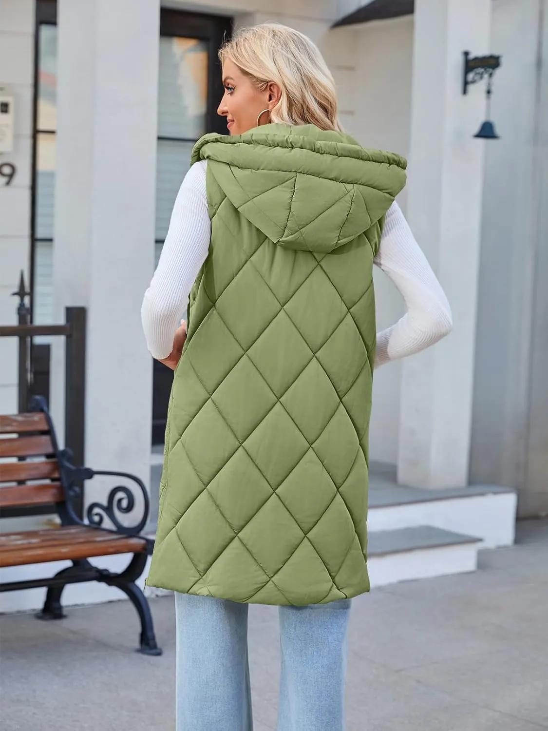 MEROKEETY Womens Sleeveless Quilted Long Puffer Vest Hooded Full Zip Jacket Coats with Pockets