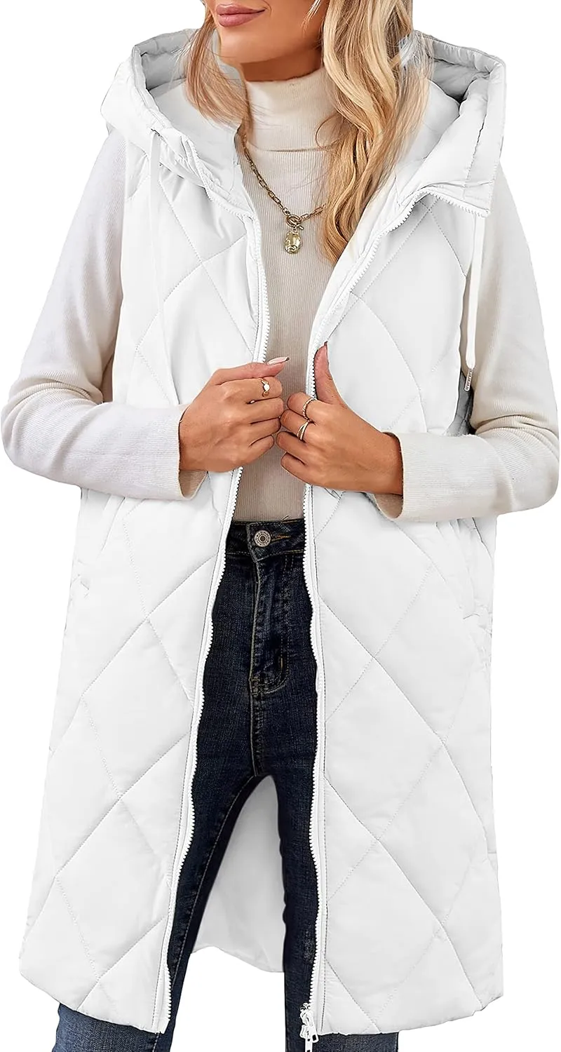 MEROKEETY Womens Sleeveless Quilted Long Puffer Vest Hooded Full Zip Jacket Coats with Pockets