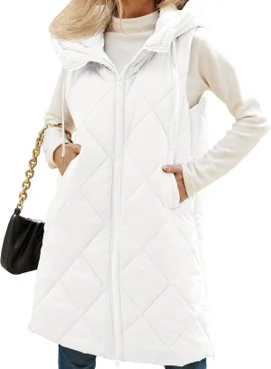 MEROKEETY Womens Sleeveless Quilted Long Puffer Vest Hooded Full Zip Jacket Coats with Pockets