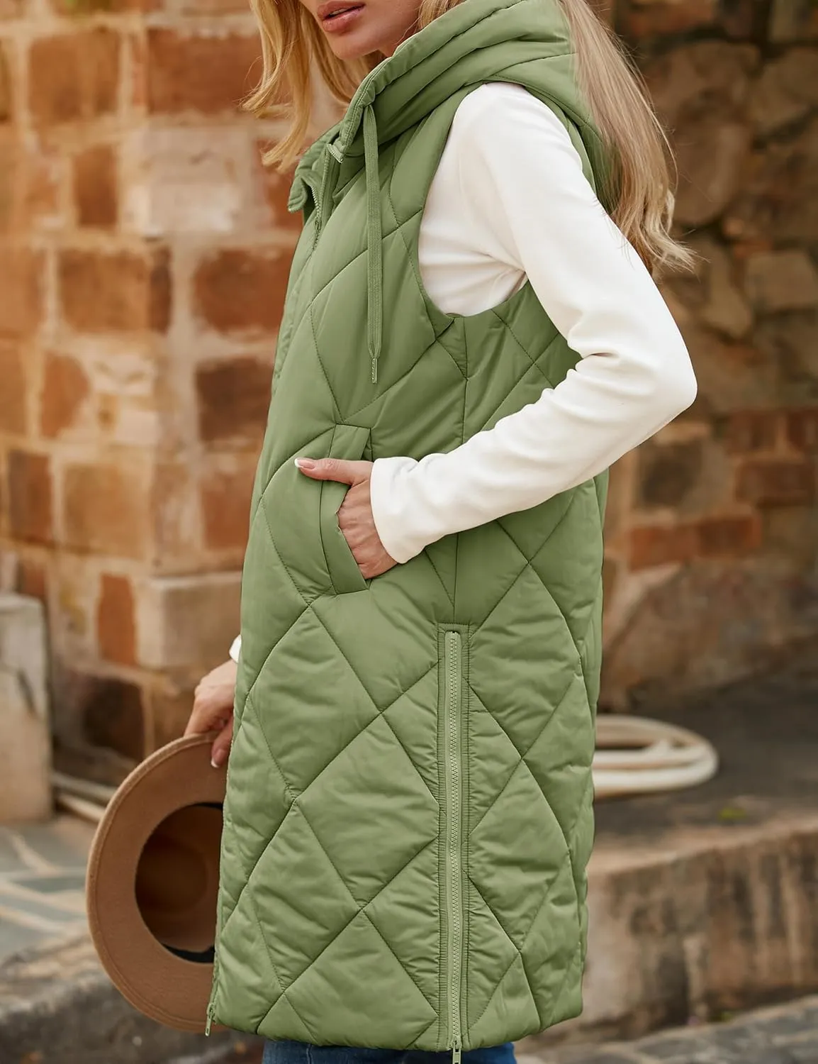 MEROKEETY Womens Sleeveless Quilted Long Puffer Vest Hooded Full Zip Jacket Coats with Pockets