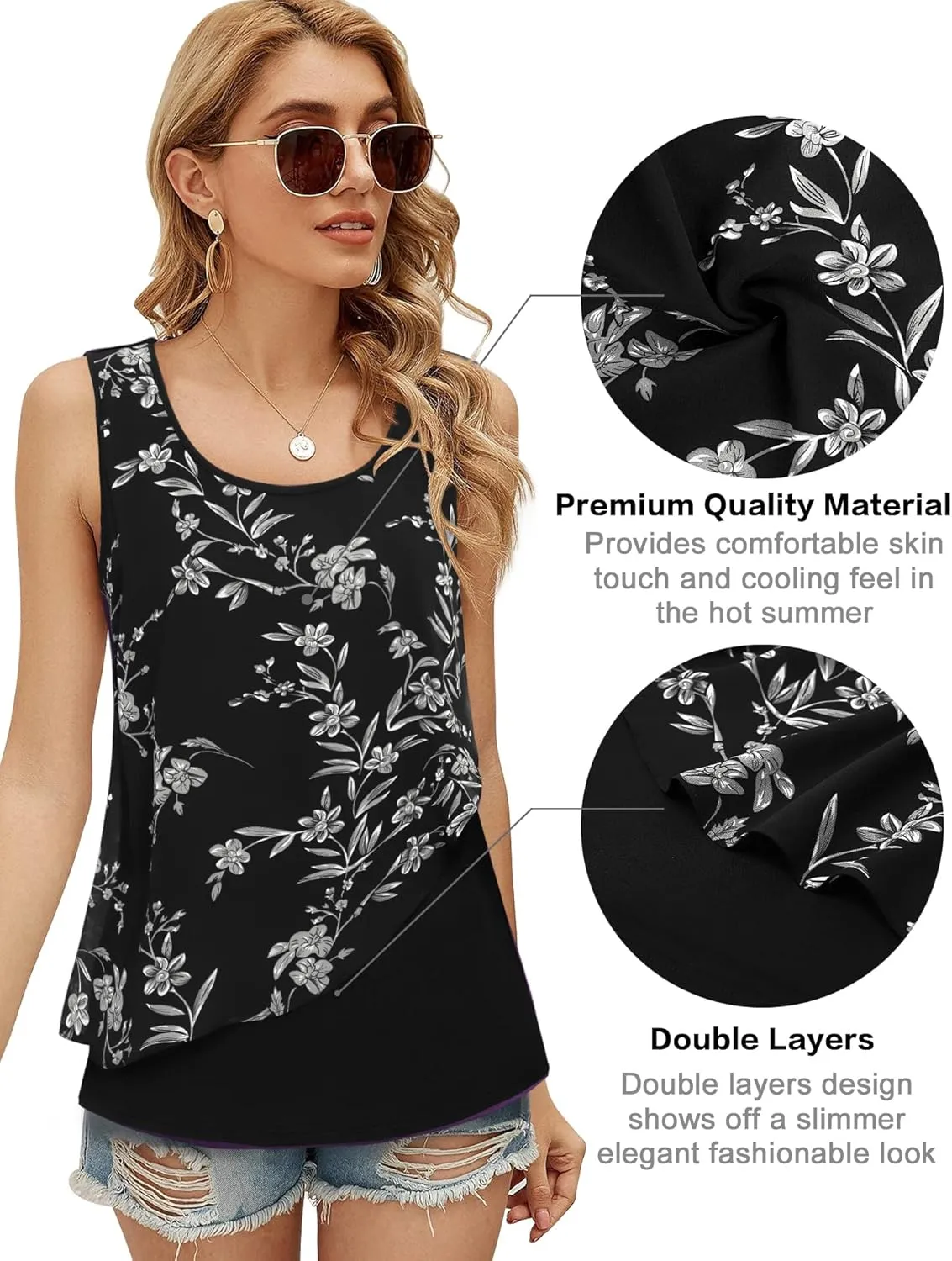 Messic Women's Sleeveless Tank Tops Double Layers Chiffon Casual Blouse Tunic Shirts