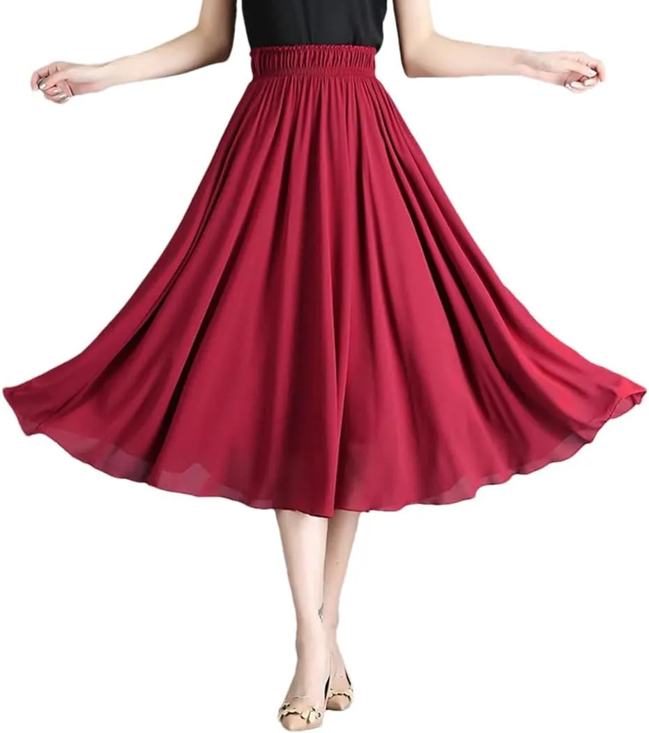 Midi Pleated Skirt Solid Women Long A-Line Solid High Waist Midi Skirts Bohemian