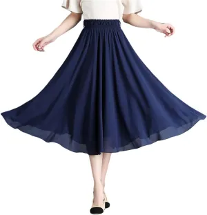 Midi Pleated Skirt Solid Women Long A-Line Solid High Waist Midi Skirts Bohemian