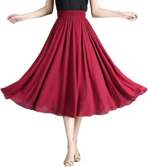 Midi Pleated Skirt Solid Women Long A-Line Solid High Waist Midi Skirts Bohemian
