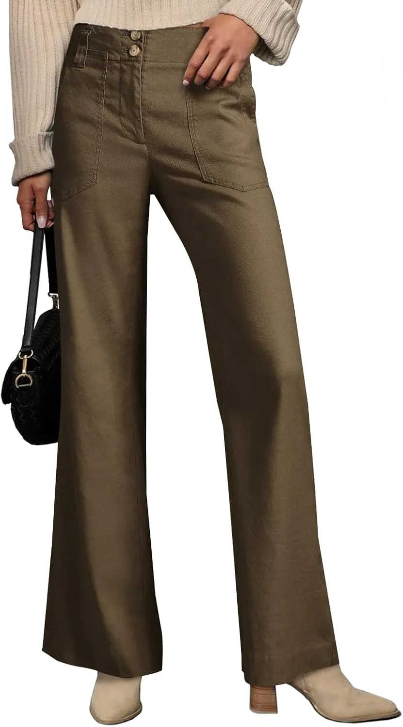 miduo Womens Solid Stretchy Buttons Wide Leg Straight Leg Long Flare Pants Trousers with Pockets
