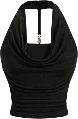 Milumia Women Ruched Halter Y2k Crop Tops Backless Cowl Neck Sleeveless Shirts
