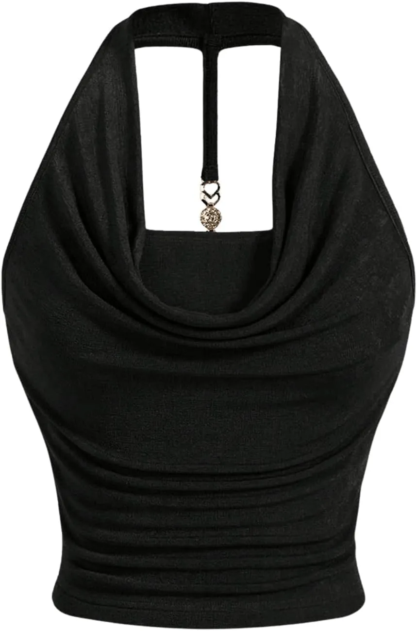 Milumia Women Ruched Halter Y2k Crop Tops Backless Cowl Neck Sleeveless Shirts