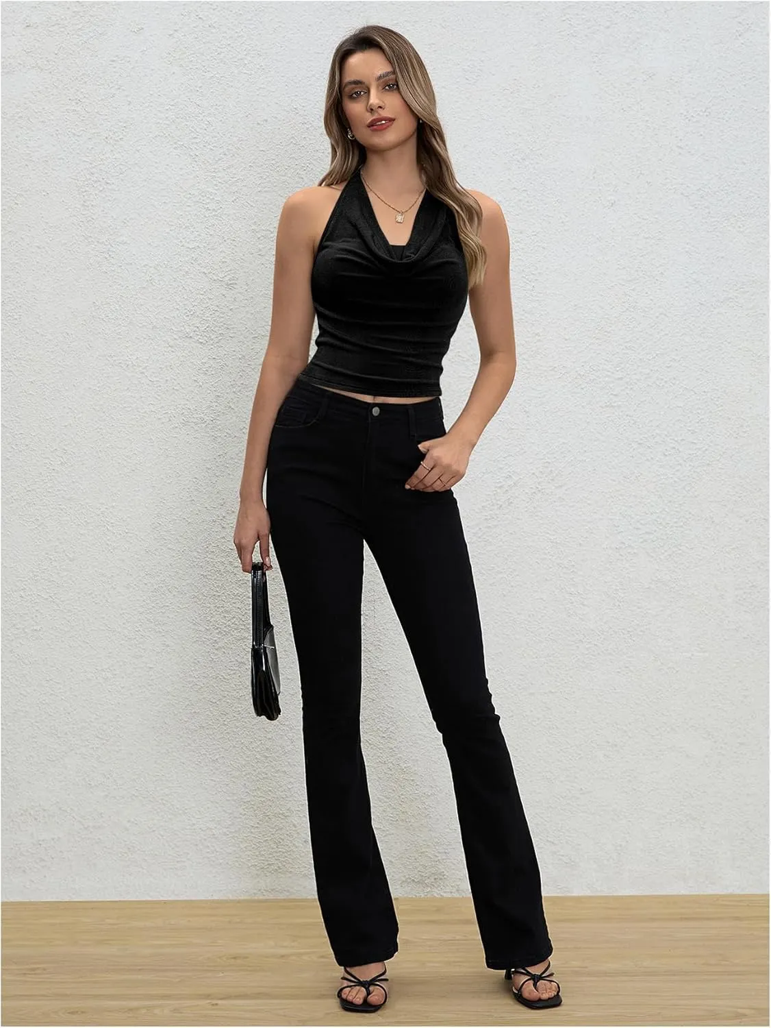 Milumia Women Ruched Halter Y2k Crop Tops Backless Cowl Neck Sleeveless Shirts