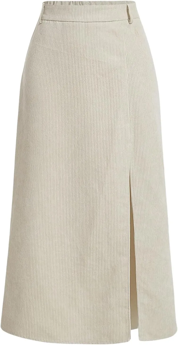 Milumia Women's Corduroy Skirt High Waisted Split Thigh Straight Long Skirts