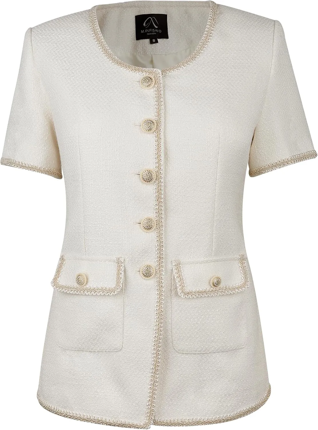 M.Infisavo Tweed Blazer Jackets for Women 2025 Spring Summer Elegant Short Sleeves Button Office Outfit with Braid Trim