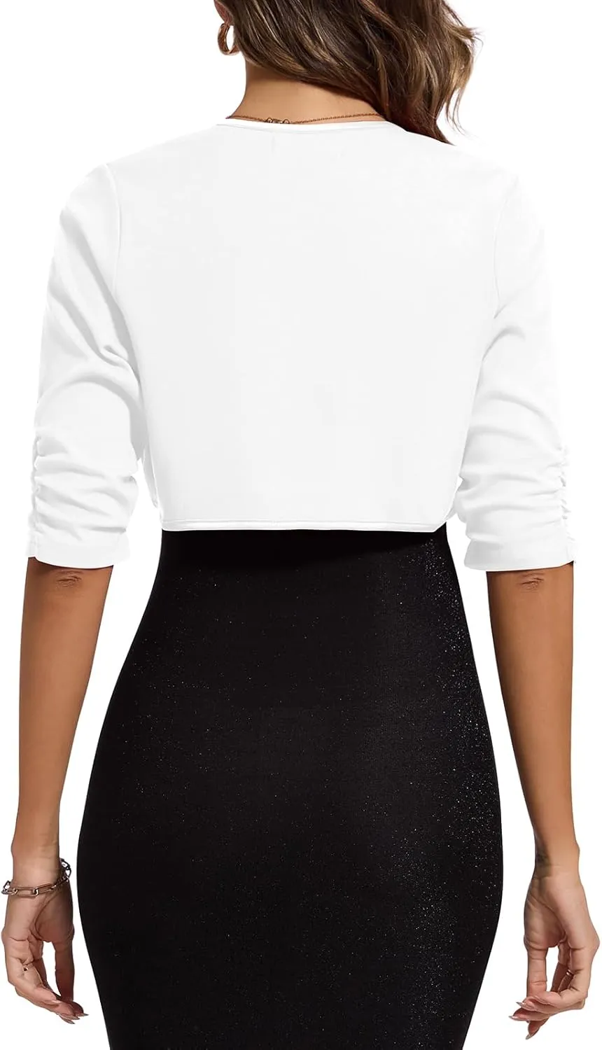 MINTLIMIT Bolero Cardigans for Women Ruched 3/4 Sleeve Open Front Cropped Cardigan Boleros Shrug Jackets for Evening Dresses