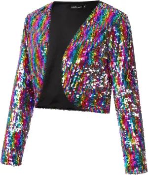 MINTLIMIT Women's Sequin Shrug Bolero Long Sleeve Open Front Party Sparkly Cropped Cardigan Glitter Shiny Jackets