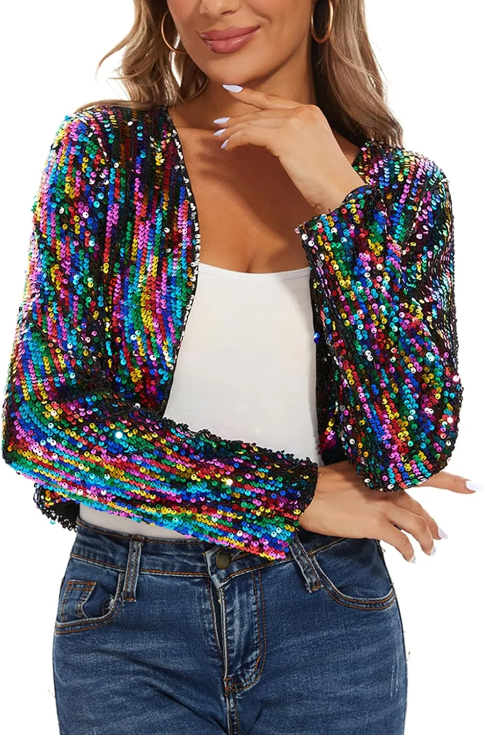 MINTLIMIT Women's Sequin Shrug Bolero Long Sleeve Open Front Party Sparkly Cropped Cardigan Glitter Shiny Jackets