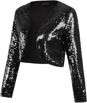 MINTLIMIT Women's Sequin Shrug Bolero Long Sleeve Open Front Party Sparkly Cropped Cardigan Glitter Shiny Jackets