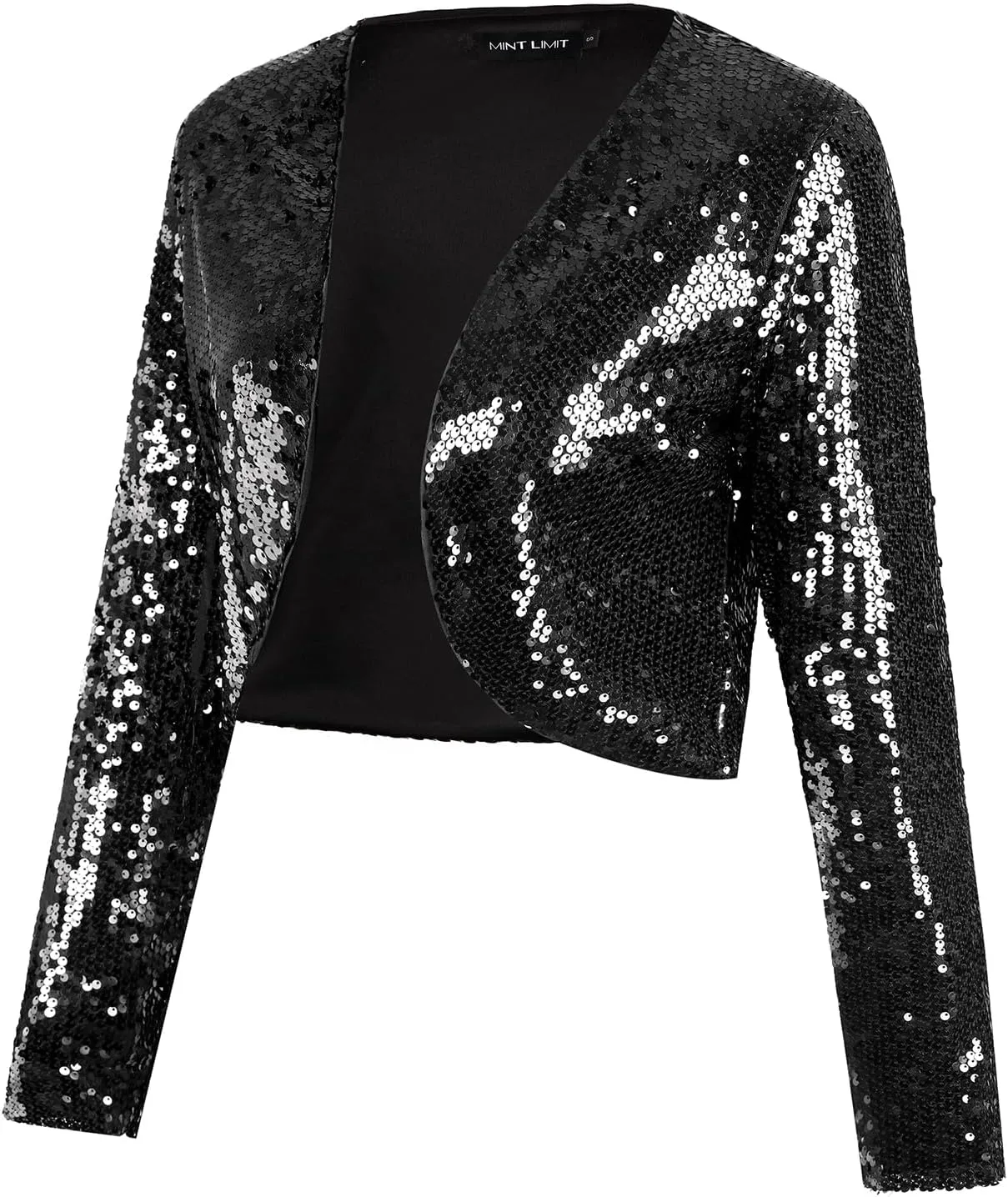 MINTLIMIT Women's Sequin Shrug Bolero Long Sleeve Open Front Party Sparkly Cropped Cardigan Glitter Shiny Jackets
