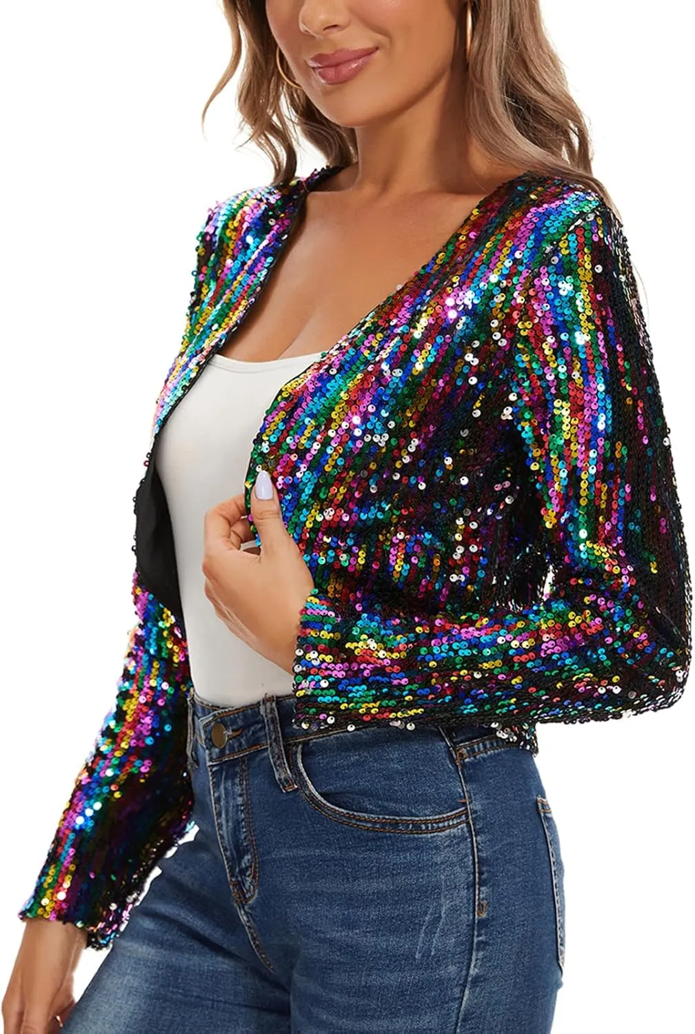 MINTLIMIT Women's Sequin Shrug Bolero Long Sleeve Open Front Party Sparkly Cropped Cardigan Glitter Shiny Jackets