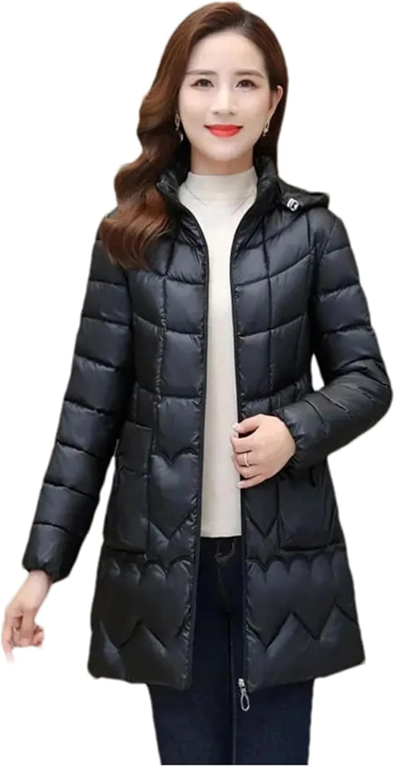 Mnjyihy Women's Winter Jacket Long Slim Hooded Padded Parkas Lightweight Down Cotton Coats