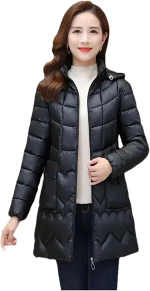 Mnjyihy Women's Winter Jacket Long Slim Hooded Padded Parkas Lightweight Down Cotton Coats