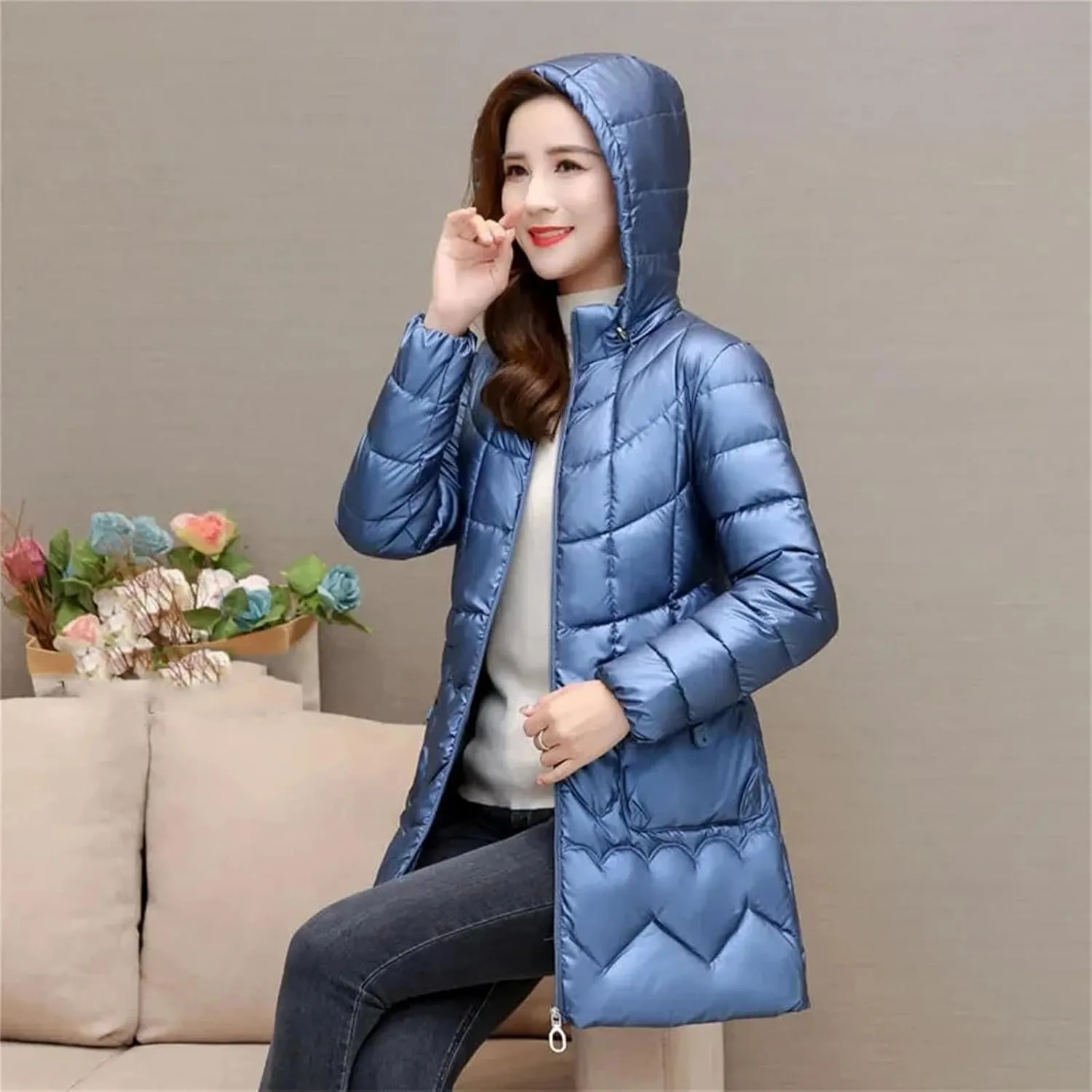 Mnjyihy Women's Winter Jacket Long Slim Hooded Padded Parkas Lightweight Down Cotton Coats