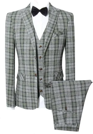 MOGU Mens Three Piece Slim Fit Plaid Suit Blazer Jacket Vest Pants