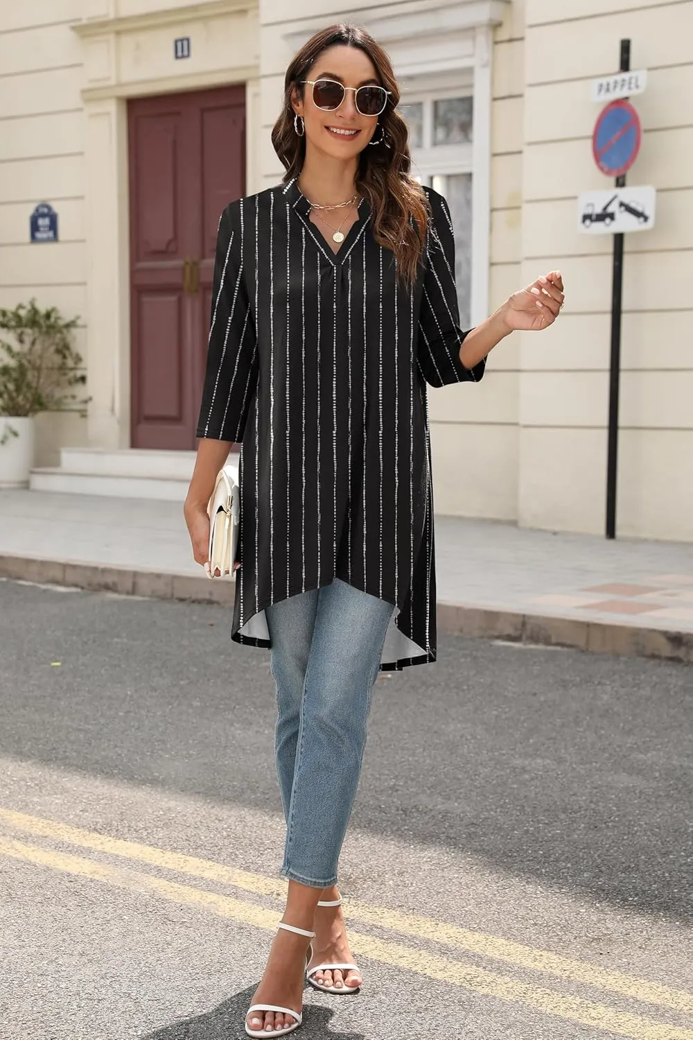 Naggoo Women's 3/4 Sleeve Notch V Neck High Low Loose Fit Long Tunic Tops Shirts Blouses M-3XL