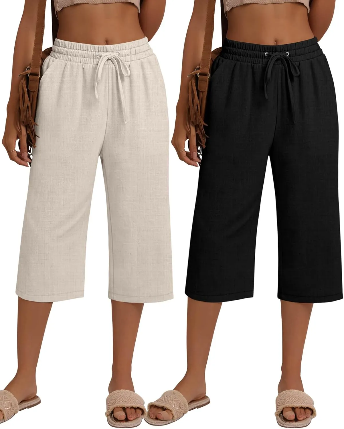 Neer 2 Pack Women's Linen Capri Pants Basics Wide Leg Casual Loose Drawstring Elasticated Beach Capris Pant with Pocket