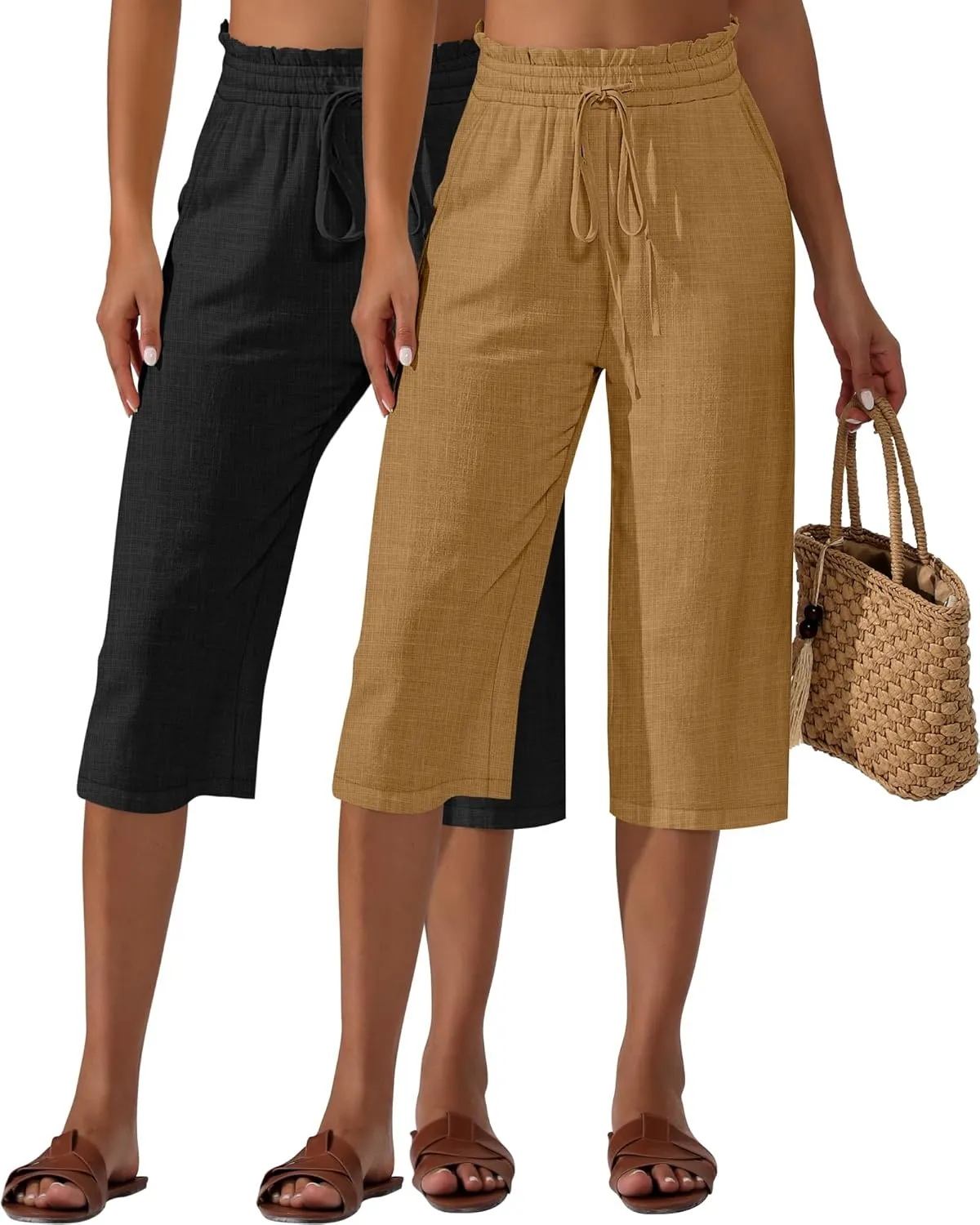 Neer 2 Pcs Women's Linen Wide Leg Capri Pants Beach High Waisted Drawstring Casual Loose Capris Pants with Pockets