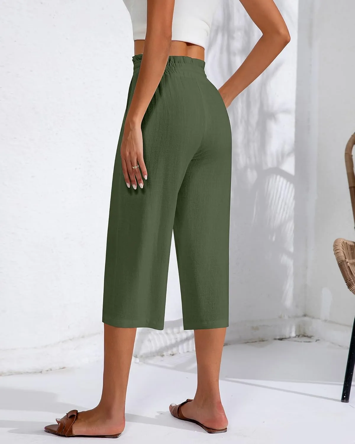 Neer 2 Pcs Women's Linen Wide Leg Capri Pants Beach High Waisted Drawstring Casual Loose Capris Pants with Pockets