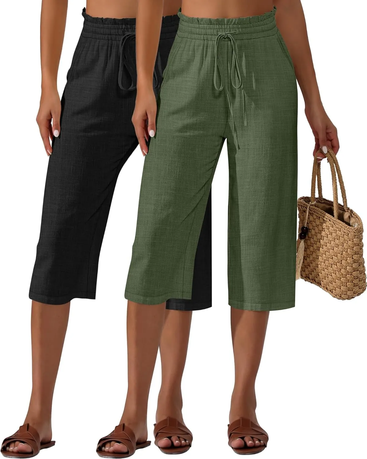 Neer 2 Pcs Women's Linen Wide Leg Capri Pants Beach High Waisted Drawstring Casual Loose Capris Pants with Pockets
