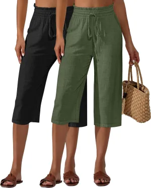 Neer 2 Pcs Women's Linen Wide Leg Capri Pants Beach High Waisted Drawstring Casual Loose Capris Pants with Pockets