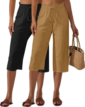 Neer 2 Pcs Women's Linen Wide Leg Capri Pants Beach High Waisted Drawstring Casual Loose Capris Pants with Pockets