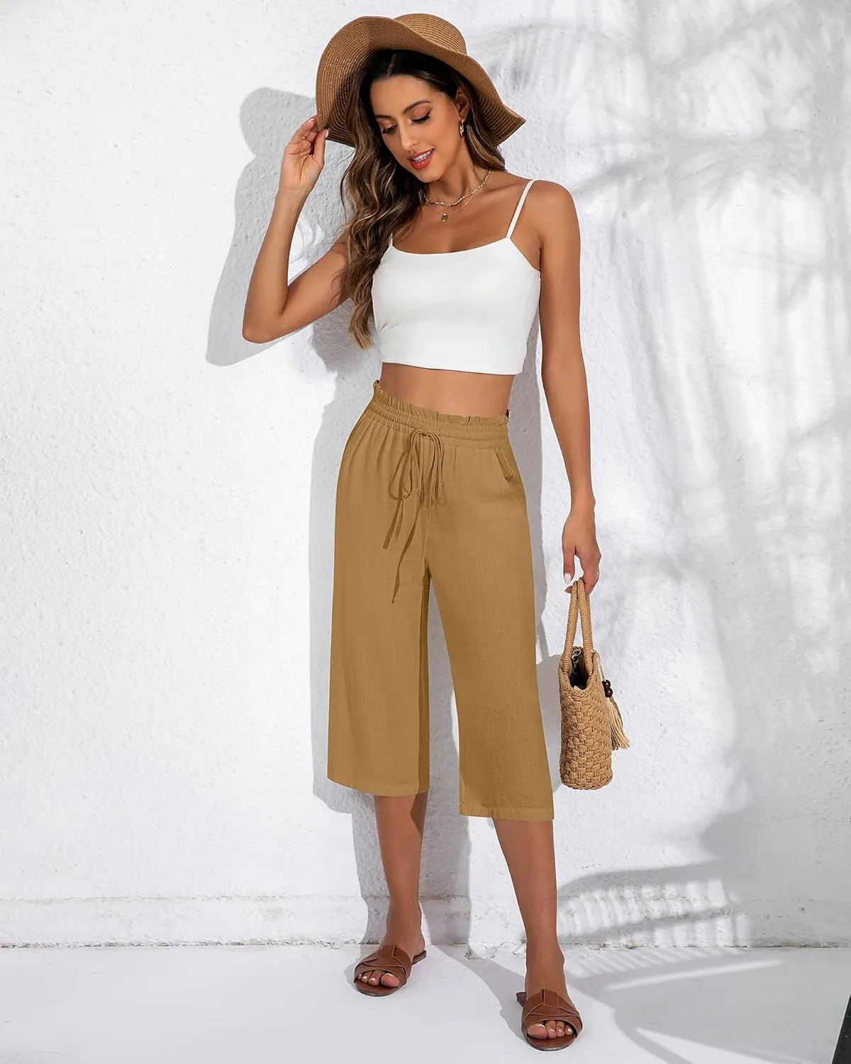 Neer 2 Pcs Women's Linen Wide Leg Capri Pants Beach High Waisted Drawstring Casual Loose Capris Pants with Pockets