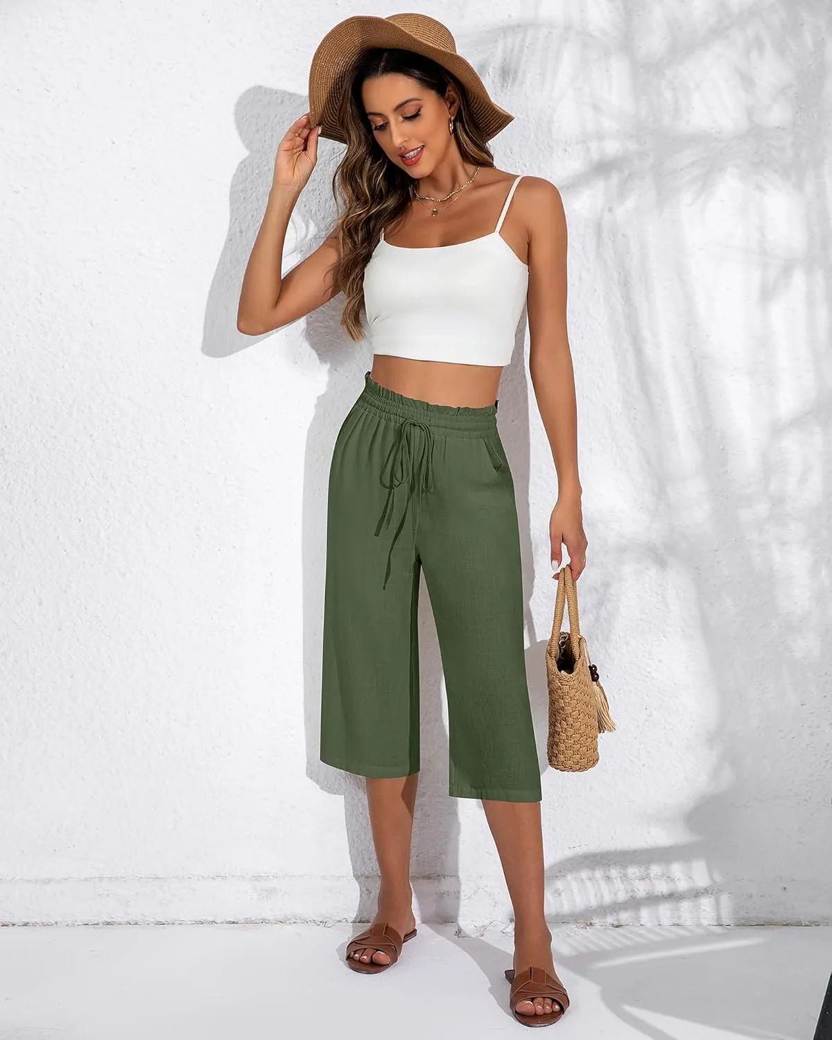 Neer 2 Pcs Women's Linen Wide Leg Capri Pants Beach High Waisted Drawstring Casual Loose Capris Pants with Pockets