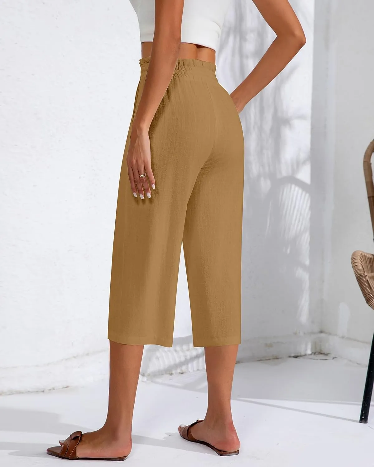 Neer 2 Pcs Women's Linen Wide Leg Capri Pants Beach High Waisted Drawstring Casual Loose Capris Pants with Pockets