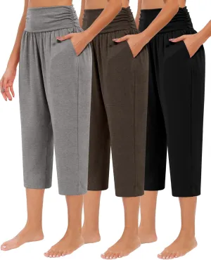 Neer 3 Pack Capri Pants for Women Casual Summer Lounge Yoga Pants Crop High Waist Loose Fit Sweatpants Pajamas with Pockets