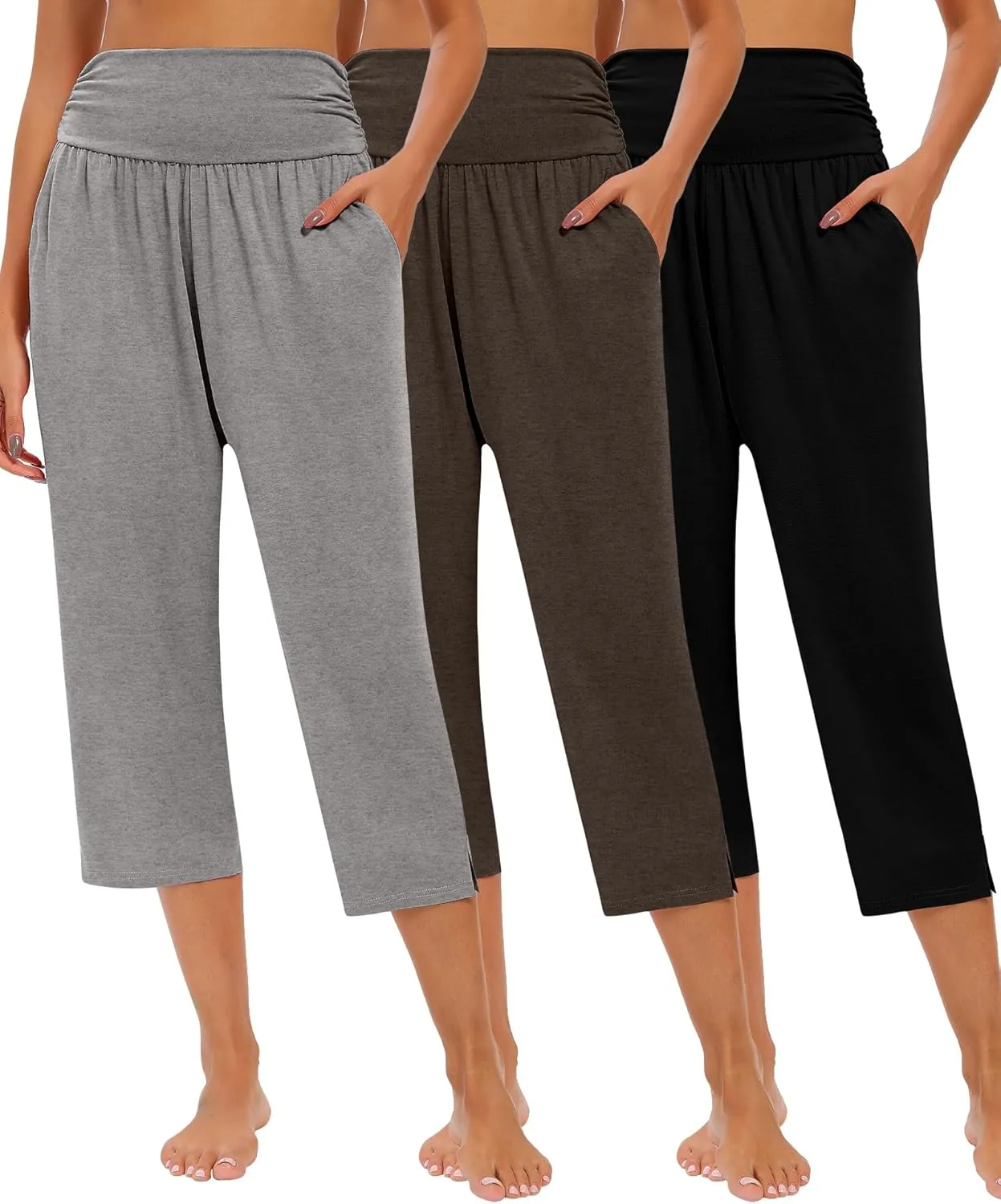 Neer 3 Pack Capri Pants for Women Casual Summer Lounge Yoga Pants Crop High Waist Loose Fit Sweatpants Pajamas with Pockets