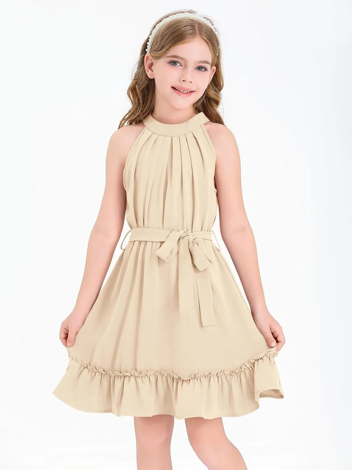 Newffr Girl's Halter Neck Sleeveless Summer Dress Tie Waist A-line Sundress Mini Swing Pleated Dress for Girls 4-12
