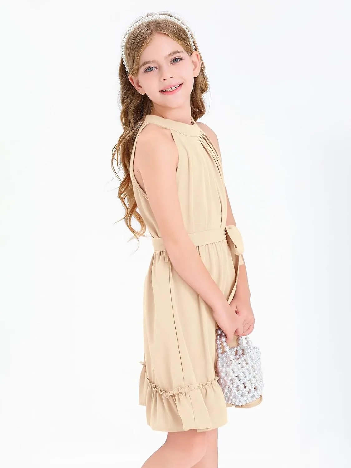 Newffr Girl's Halter Neck Sleeveless Summer Dress Tie Waist A-line Sundress Mini Swing Pleated Dress for Girls 4-12