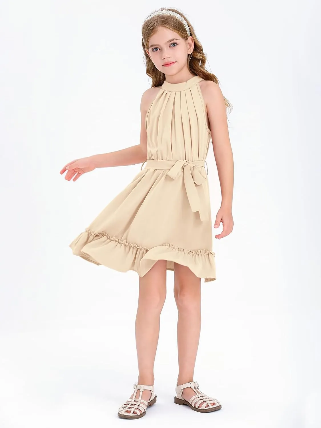 Newffr Girl's Halter Neck Sleeveless Summer Dress Tie Waist A-line Sundress Mini Swing Pleated Dress for Girls 4-12
