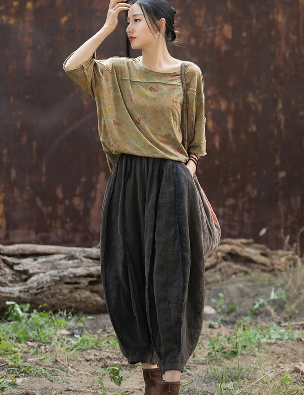 NFYM Women Wide Leg Elastic Waist Cotton Linen Distressed Patchwork Pumpkin Style Wide Leg 3/4 Length Cropped Pants