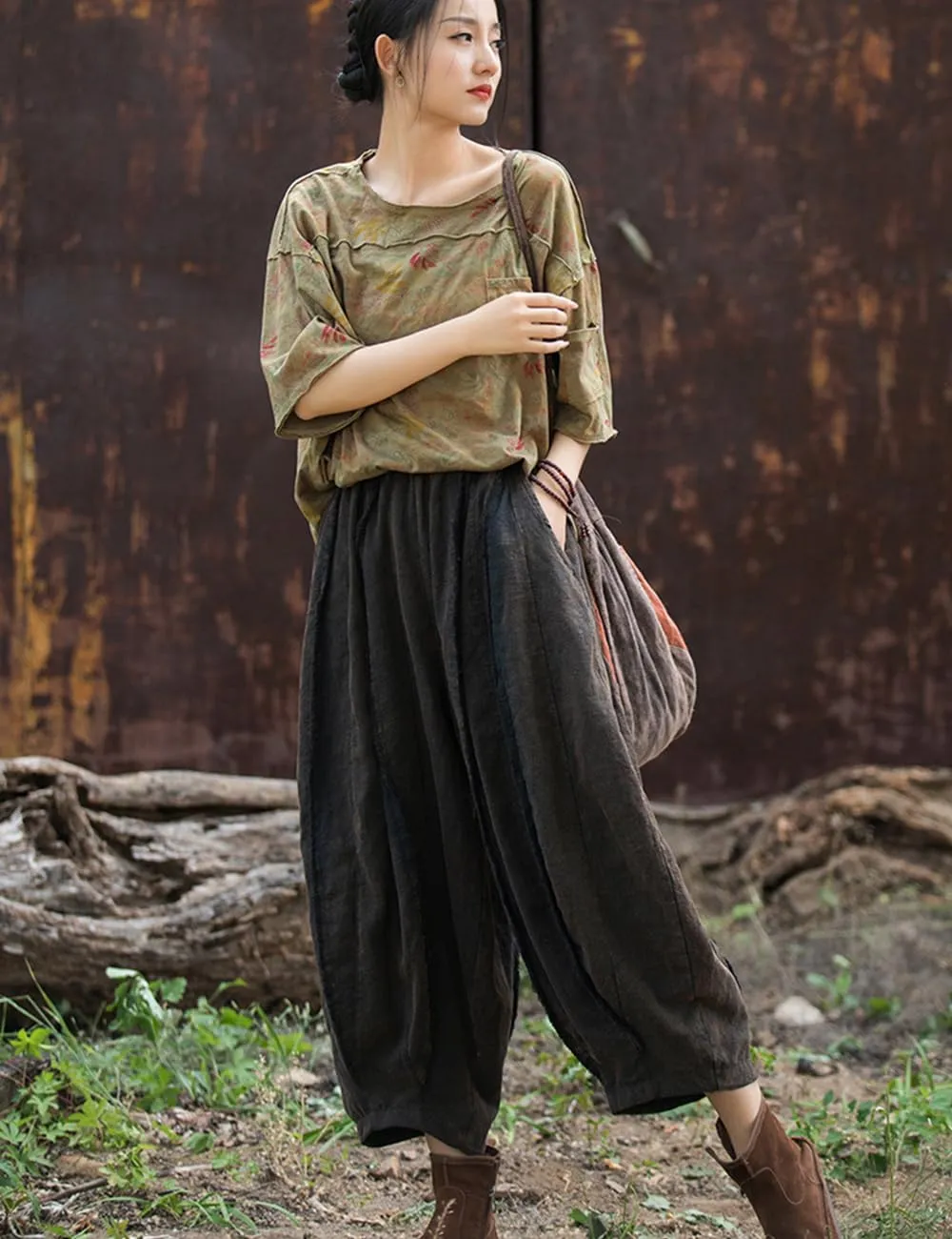 NFYM Women Wide Leg Elastic Waist Cotton Linen Distressed Patchwork Pumpkin Style Wide Leg 3/4 Length Cropped Pants