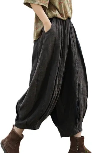 NFYM Women Wide Leg Elastic Waist Cotton Linen Distressed Patchwork Pumpkin Style Wide Leg 3/4 Length Cropped Pants